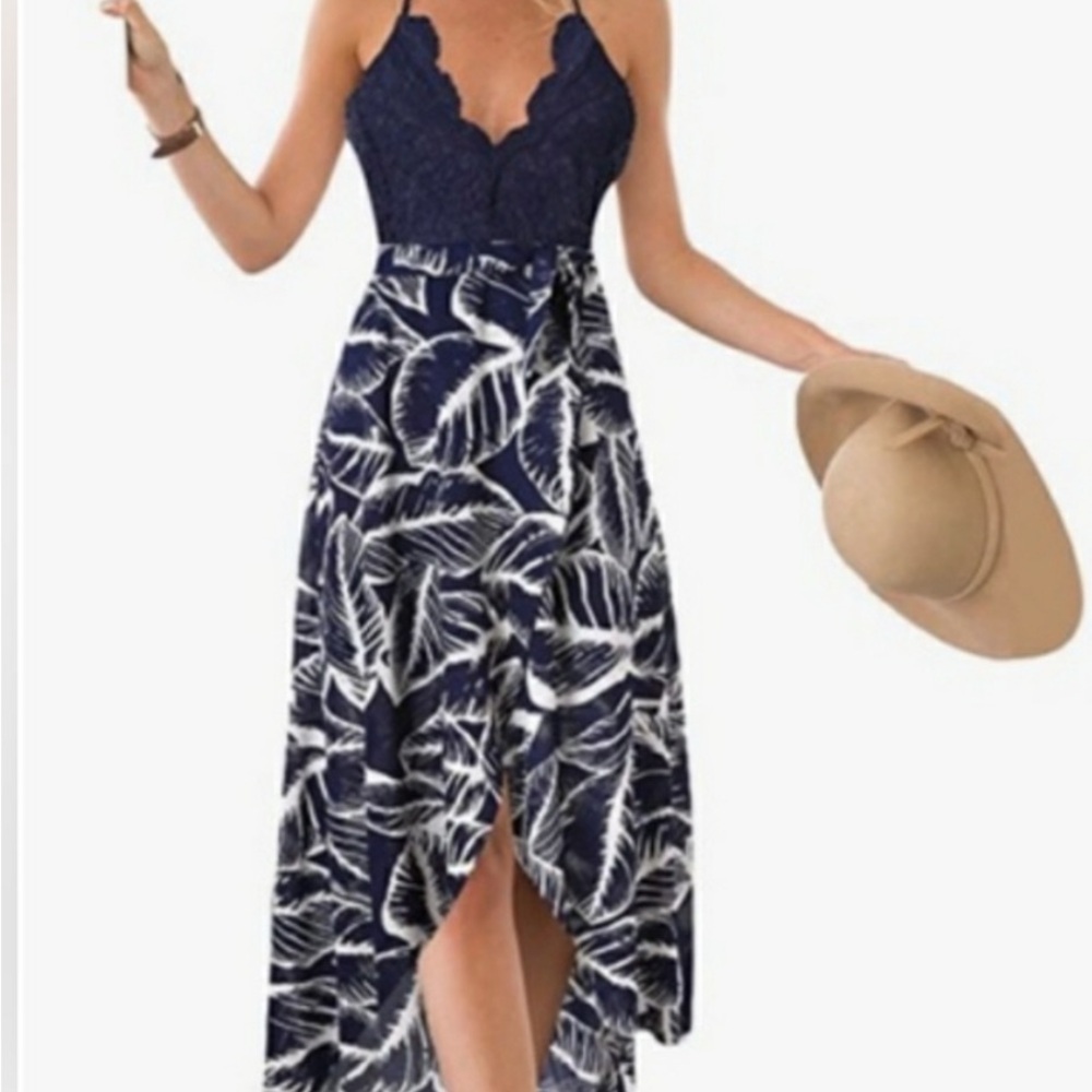 Chic Navy and White Leaf Print High Low Dress